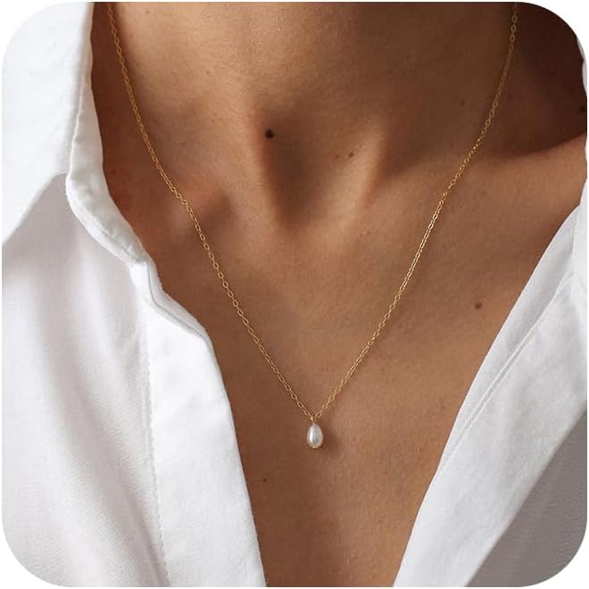 Treasure Bender Pearl Necklaces for Women Trendy, 14k Gold Plated Dainty Necklace Simple Pearl Drop Single Charm Pendant Necklace Birthday Wedding Gifts Gold Jewelry for Women - Image 1